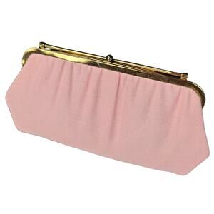 1950s Pink Knit Silk Blend Thin Clutch Gold Hardware Kiss Closure Handbag Purse